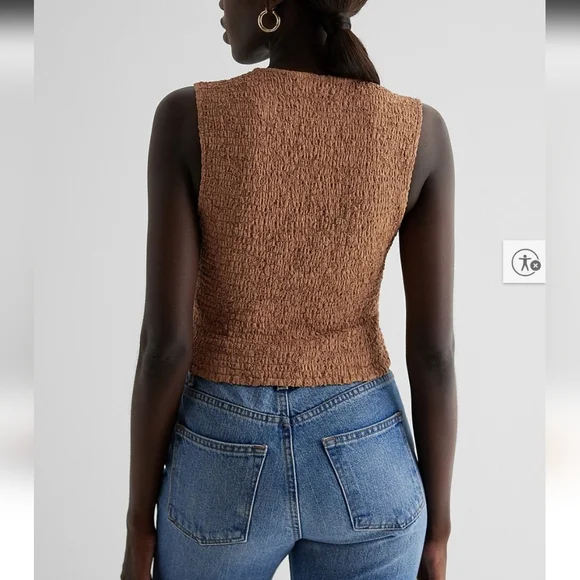 NEW Express Lace Smocked Back Sleeveless Blouse Dusty Gold - Picture 3 of 10